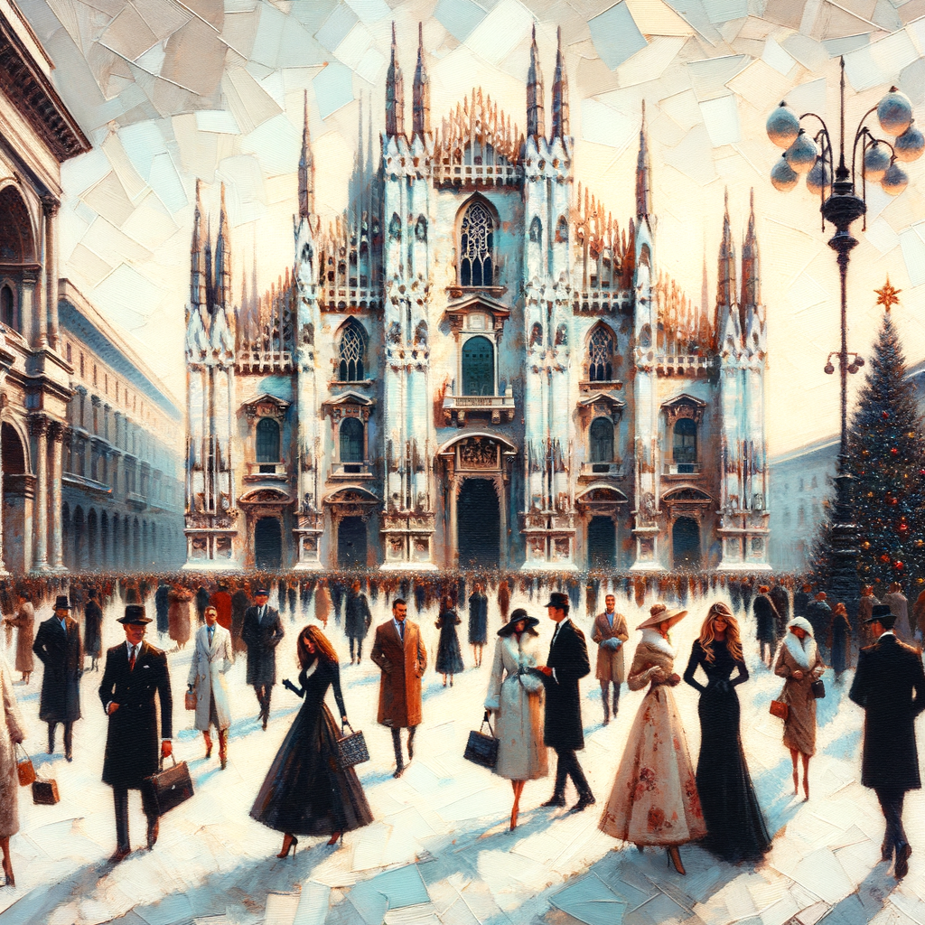 A chic Christmas celebration in Milan, with fashionably dressed guests enjoying the holiday spirit near the Duomo.