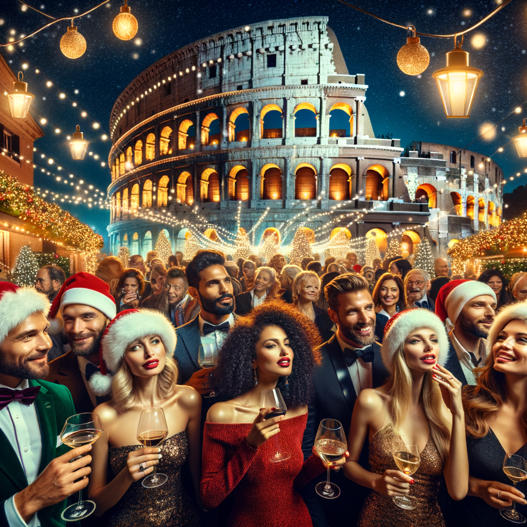 A glamorous Christmas party in Rome, with the Colosseum lit up and people enjoying festive drinks.