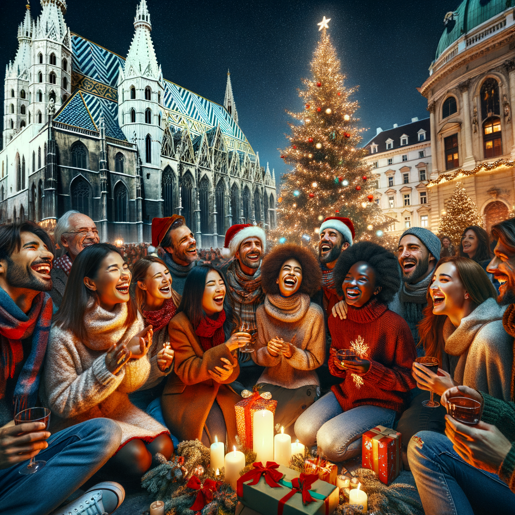 A cozy Christmas night gathering in Vienna, with friends and family celebrating in front of St. Stephen's Cathedral.