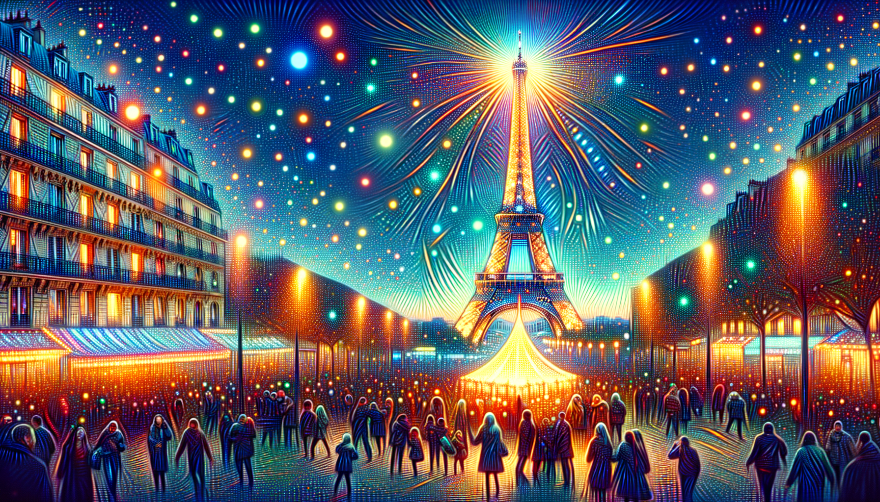 A bustling Christmas night party in the heart of Paris, with the Eiffel Tower illuminated in the background