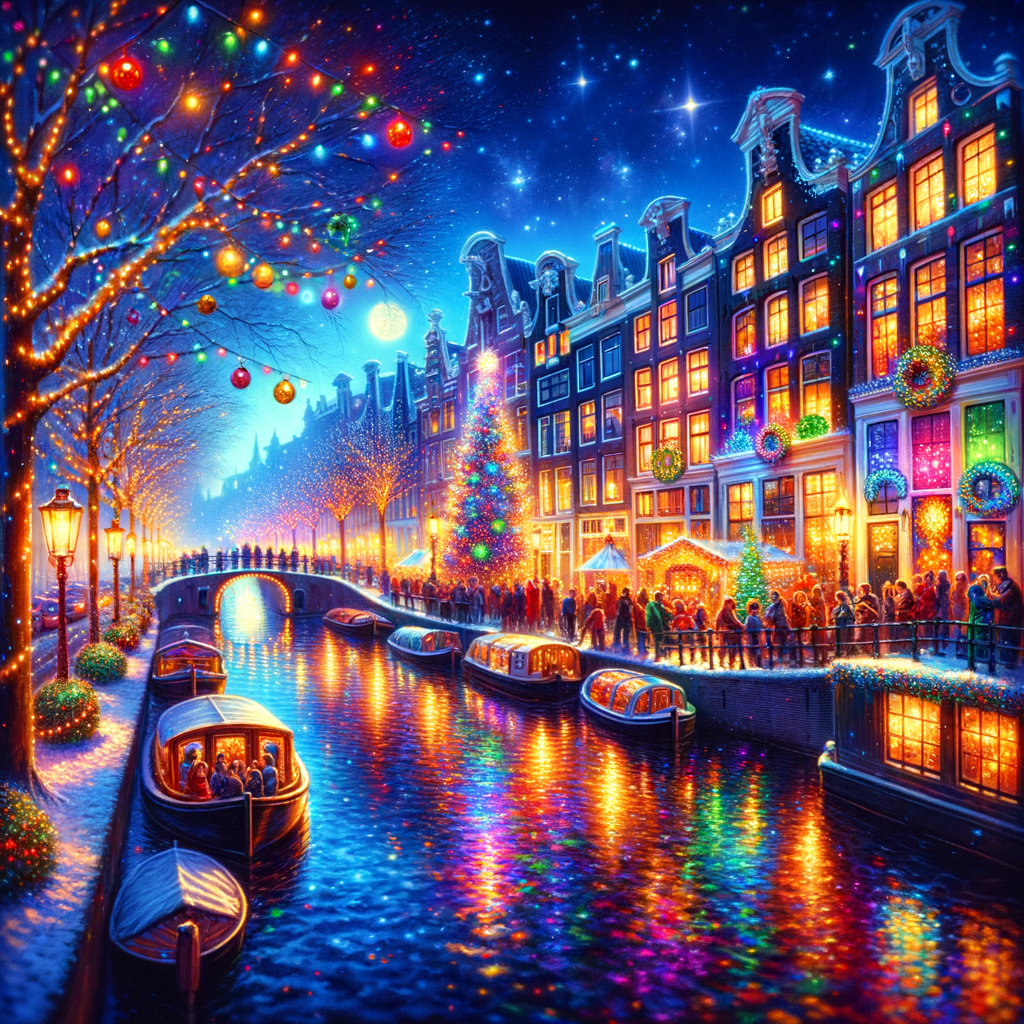 A vibrant Christmas party in Amsterdam, with canals reflecting the twinkling holiday lights.